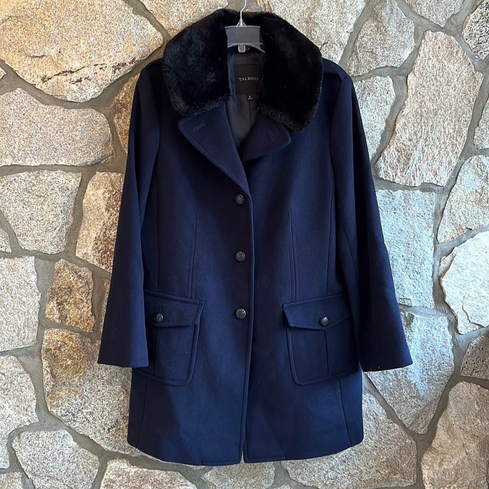 NWOT Talbots Navy Wool Blend Coat With Detachable Faux Fur Collar